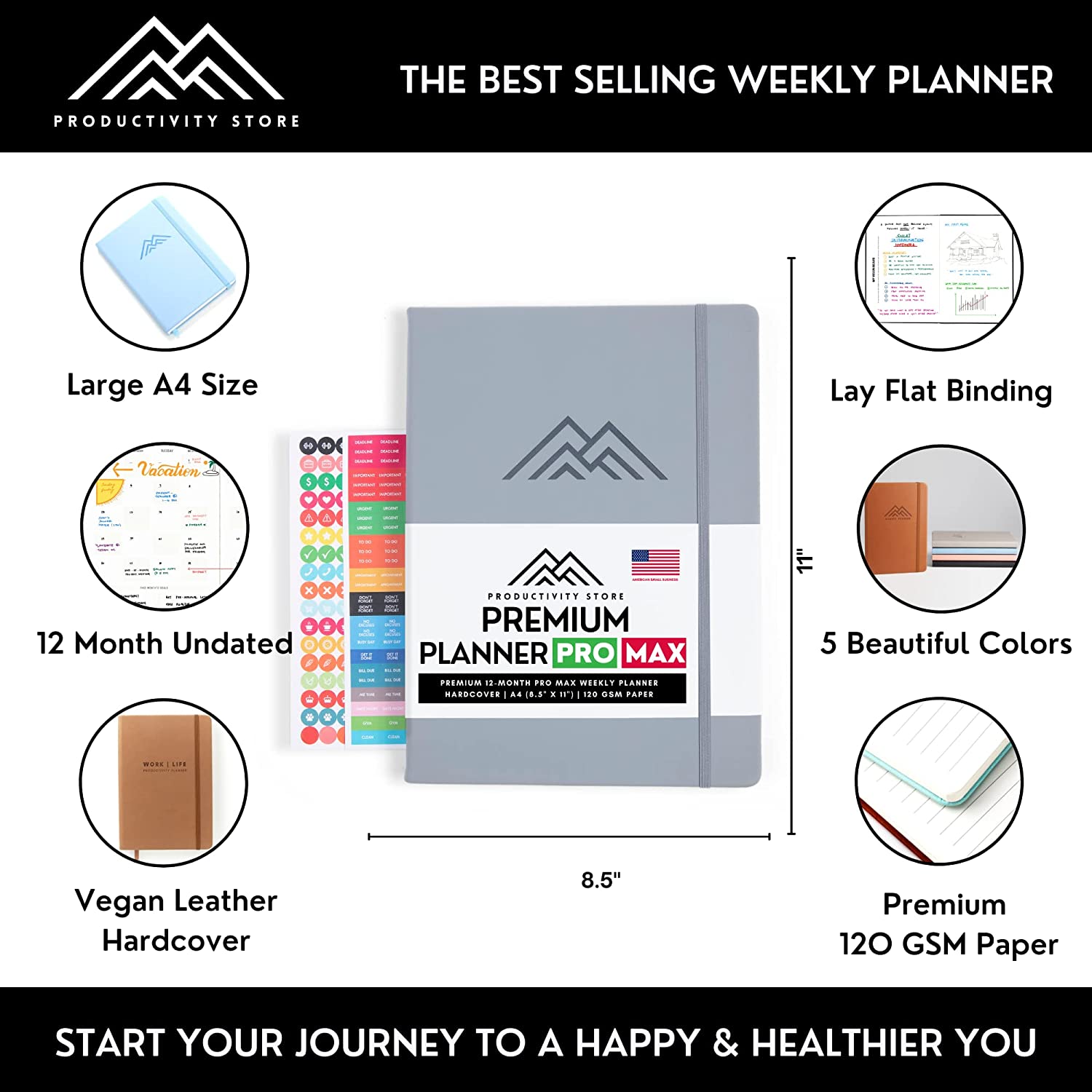 Best 2023 Planner Weekly and Monthly 5x8 | Goal, Business & Productivity Planner | Undated Daily 2023 Planner With To Do List, Habit Tracker & Planner Stickers | Productivity Store Planner PRO (Grey) - Image 2